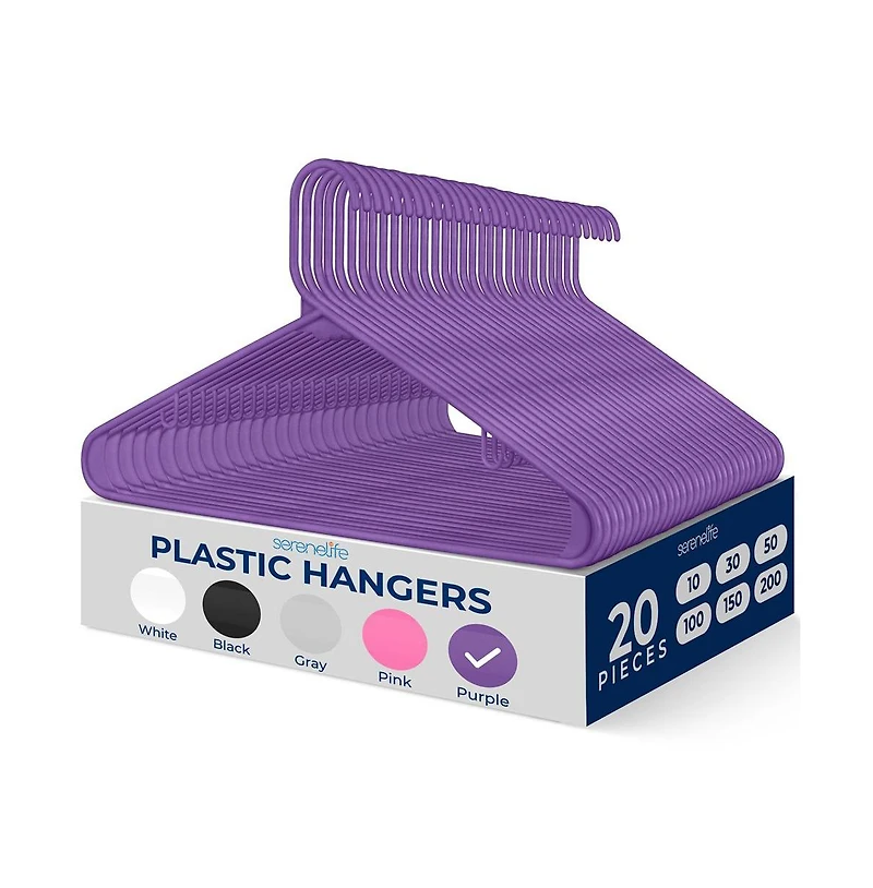SereneLife 20 Pcs. Plastic Hangers - Non-Slip, Sturdy, and Heavy Duty Coat Set with 360° Swivel Hook for Clothes (Purple)