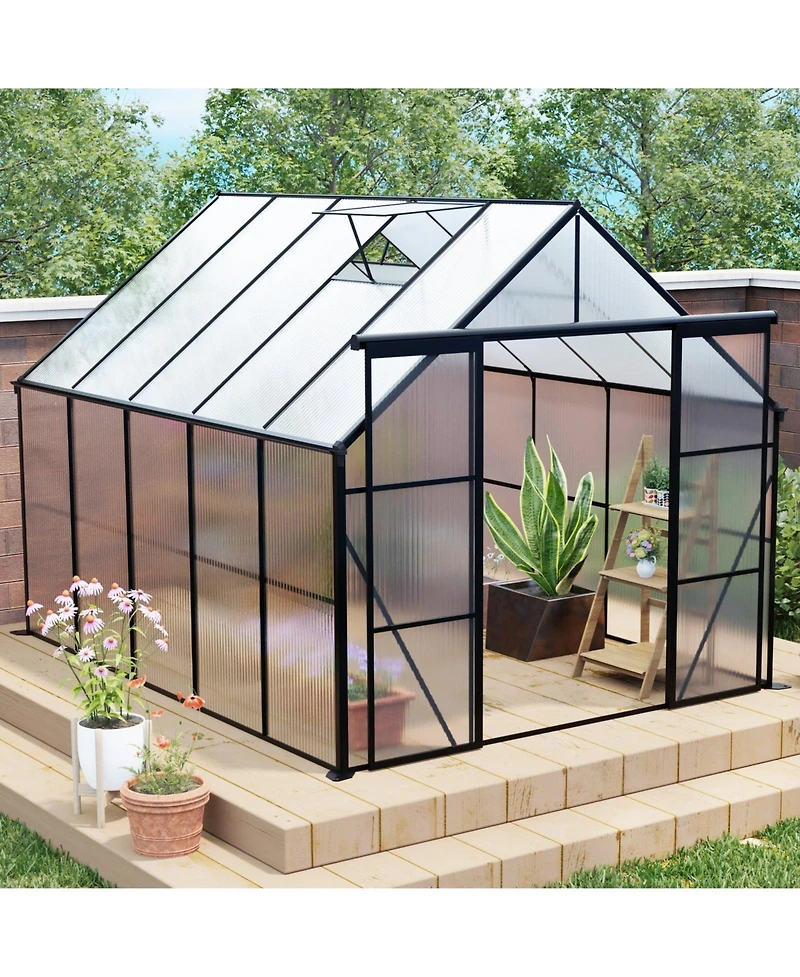 Mondawe 8x10FT Aluminum Double Door Polycarbonate Greenhouse with Raised Base and Anchor
