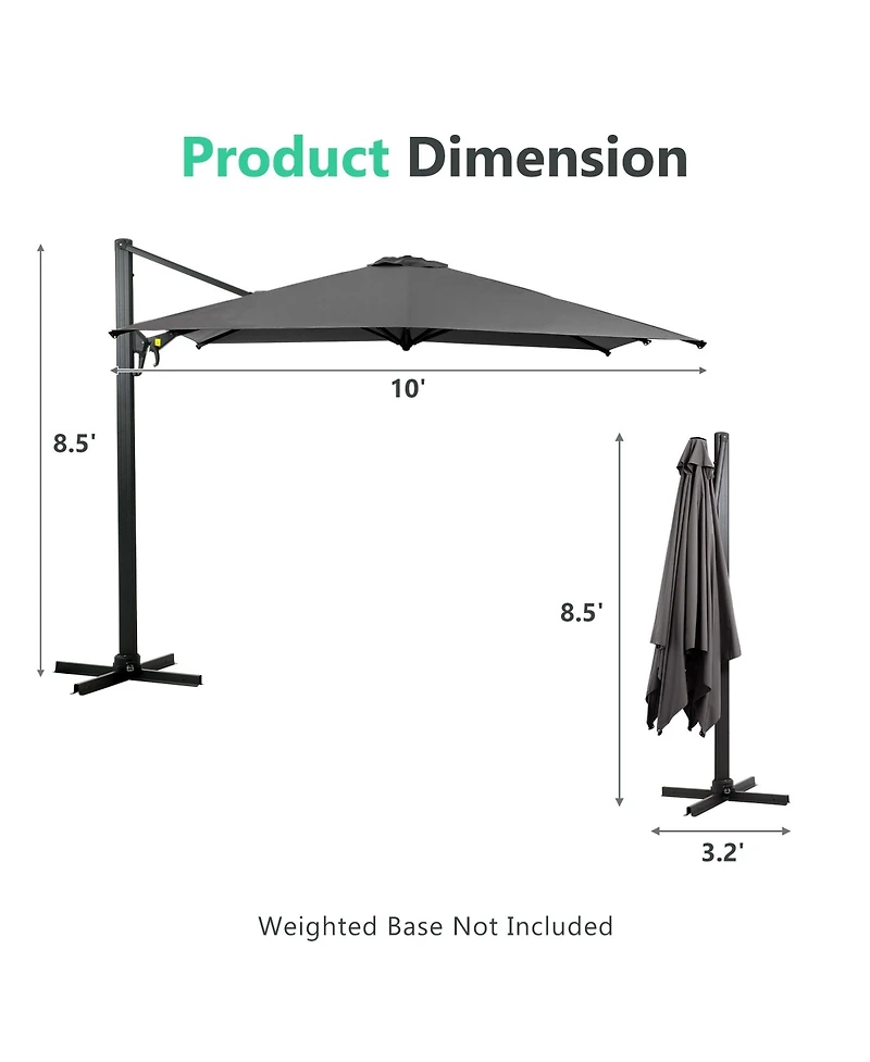 10 Ft Cantilever Patio Umbrella with 360° Rotation & Tilt Adjustment, Square Outdoor Offset Umbrella with Aluminum Pole
