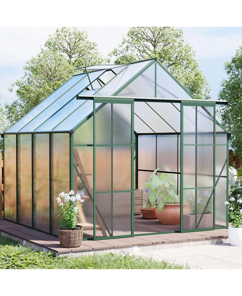 Mondawe 8x8FT Aluminum Double Door Polycarbonate Greenhouse with Raised Base and Anchor