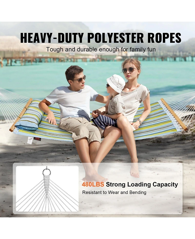 Double Quilted Fabric Hammock with Hardwood Spreader Bar Detachable Pillow