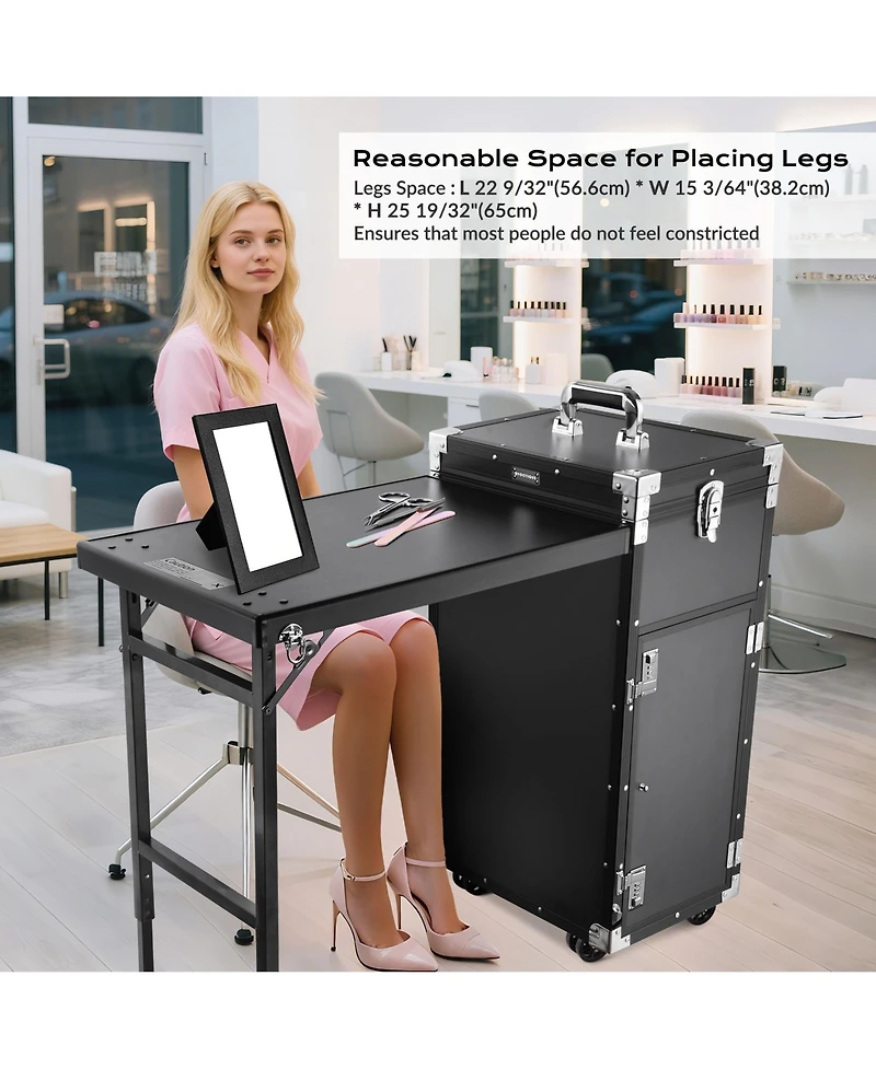 Byootique Aluminum Rolling Nail Table with Train Case Cosmetic Organizer Black