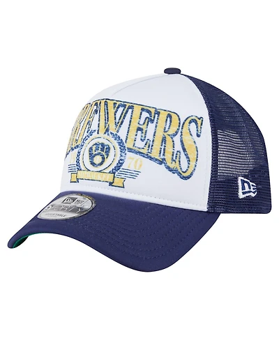 New Era Men's White Milwaukee Brewers Distressed 9FORTY A-Frame Adjustable Trucker Hat