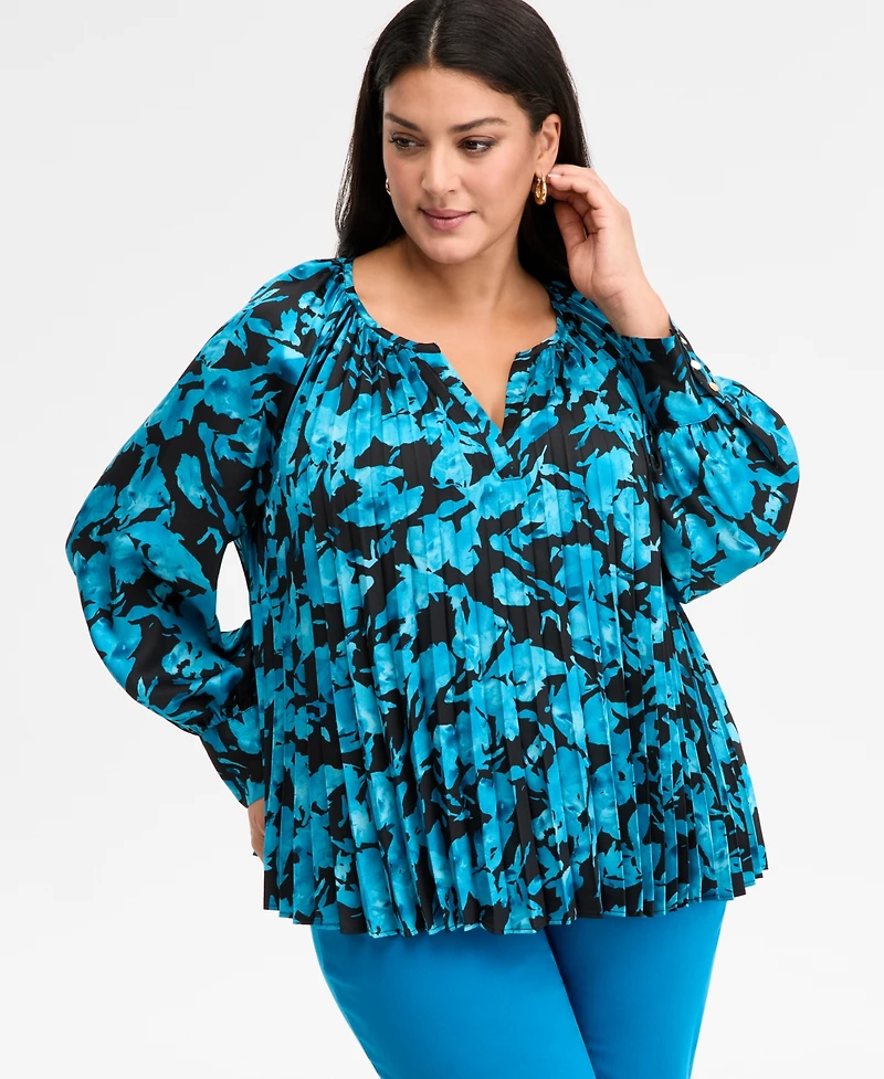 I.n.c. International Concepts Plus Pleated Puff-Sleeve Blouse, Macy's Exclusive