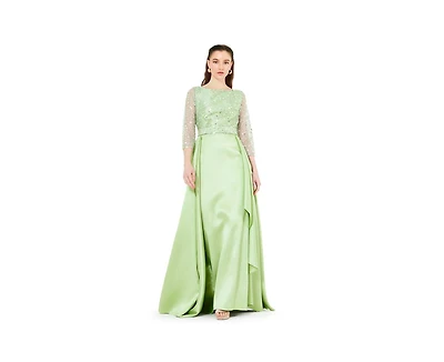Amri Beaded Bodice Column Gown with Cascading Train