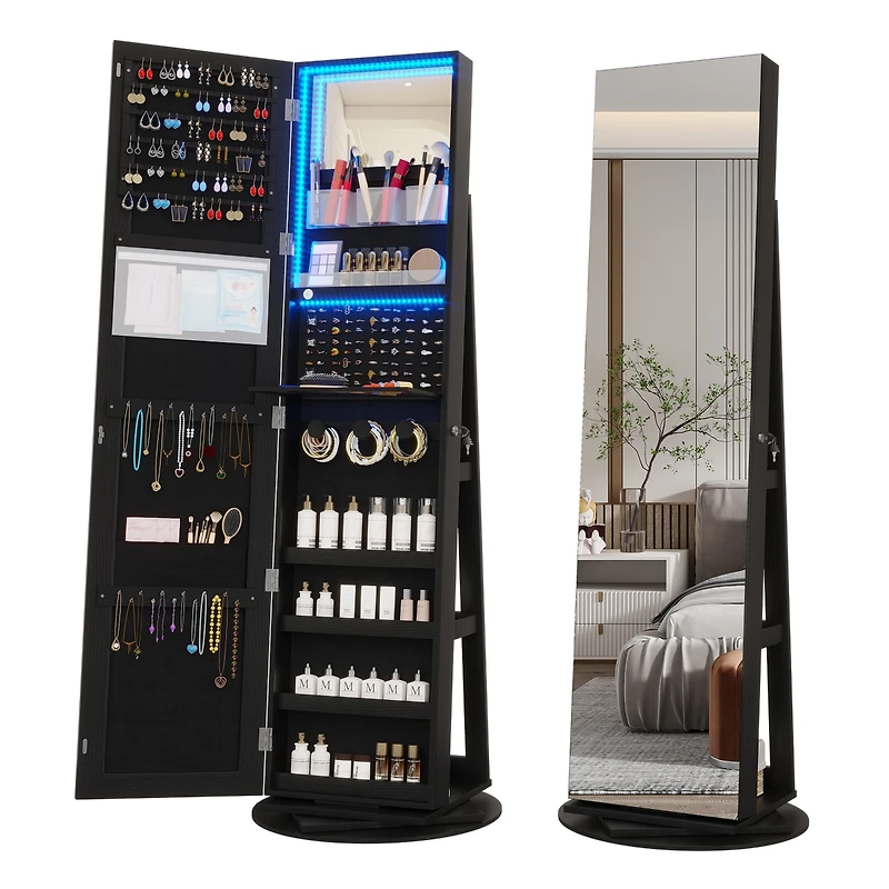 Vlsrka 360° Swivel Jewelry Full-Length Mirror Cabinet with Lights