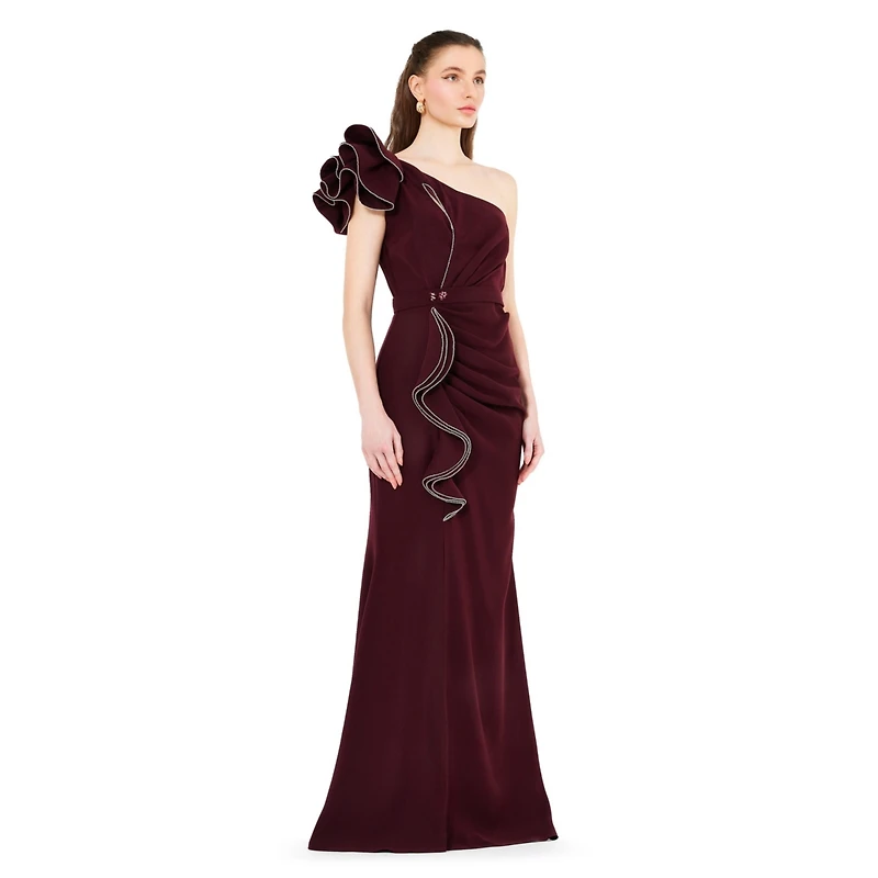 Amri Ruffle Pleated Gown with Rhinestone Embellishment