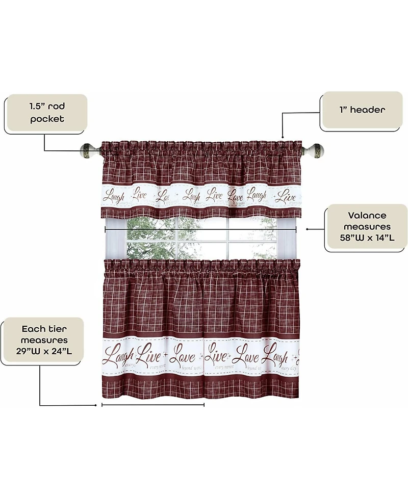 Kate Aurora Country Farmhouse Plaid Live laugh love 3 Piece Kitchen Curtain Set