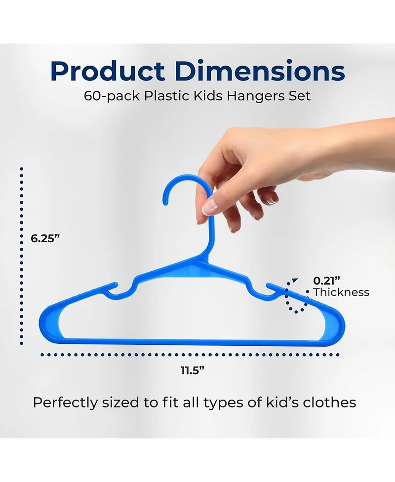 SereneLife 60 Pcs. Non-Slip Plastic Kids Hangers - Durable and Space-Saving Closet Organizers for Infants, Toddlers, and Kids' Clothing (Blue)