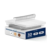 SereneLife 30 Pcs. Premium Wooden Pants Hangers - Heavy Duty Hanger Set with Chrome 360° Swivel Hook (White