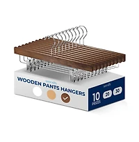 SereneLife 10 Pcs. Premium Wooden Pants Hangers - Heavy Duty Hanger Set with Chrome 360° Swivel Hook (Retro)
