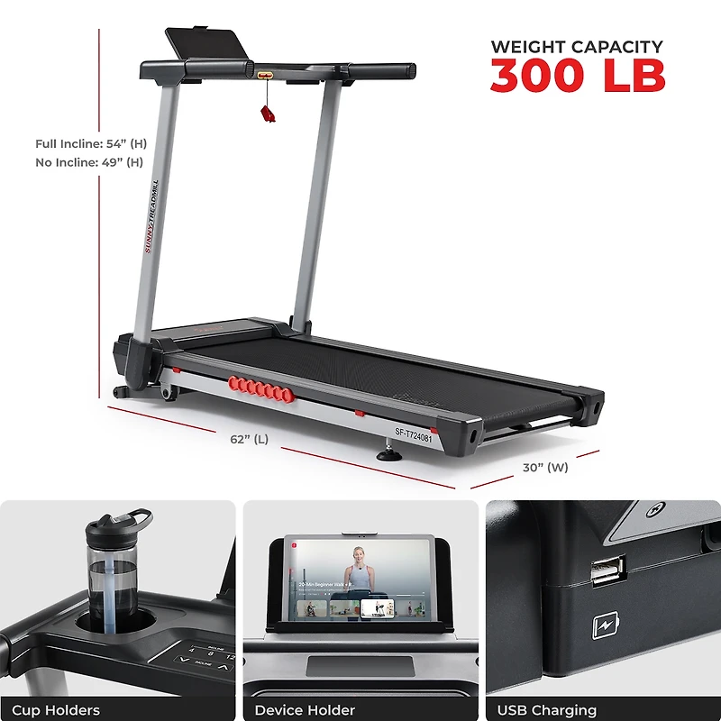 Sunny Health & Fitness Pace 500 Smart Wi-Fi Treadmill with 12-Level Auto Incline, Foldable Design