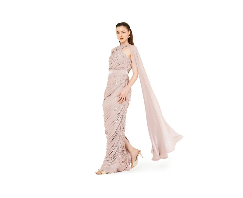 Amri Asymmetric Cutout Ruched Dress With Single Cape Sleeve