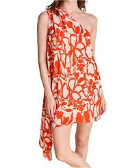 endless rose Women's Floral Print Shoulder Pintucked Asymmetrical Mini Dress