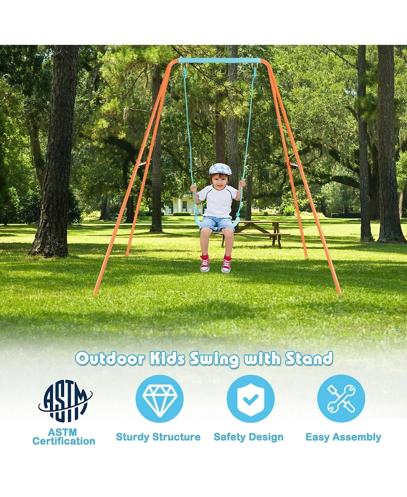 Gymax Outdoor Kids Swing Set Heavy Duty Metal A-Frame w/Ground Stakes