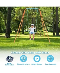 Gymax Outdoor Kids Swing Set Heavy Duty Metal A-Frame w/Ground Stakes