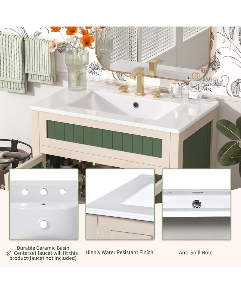 Casainc 30" Vanity Cabinet with Ceramic Sink, Solid Wood Frame, Adjustable Shelf