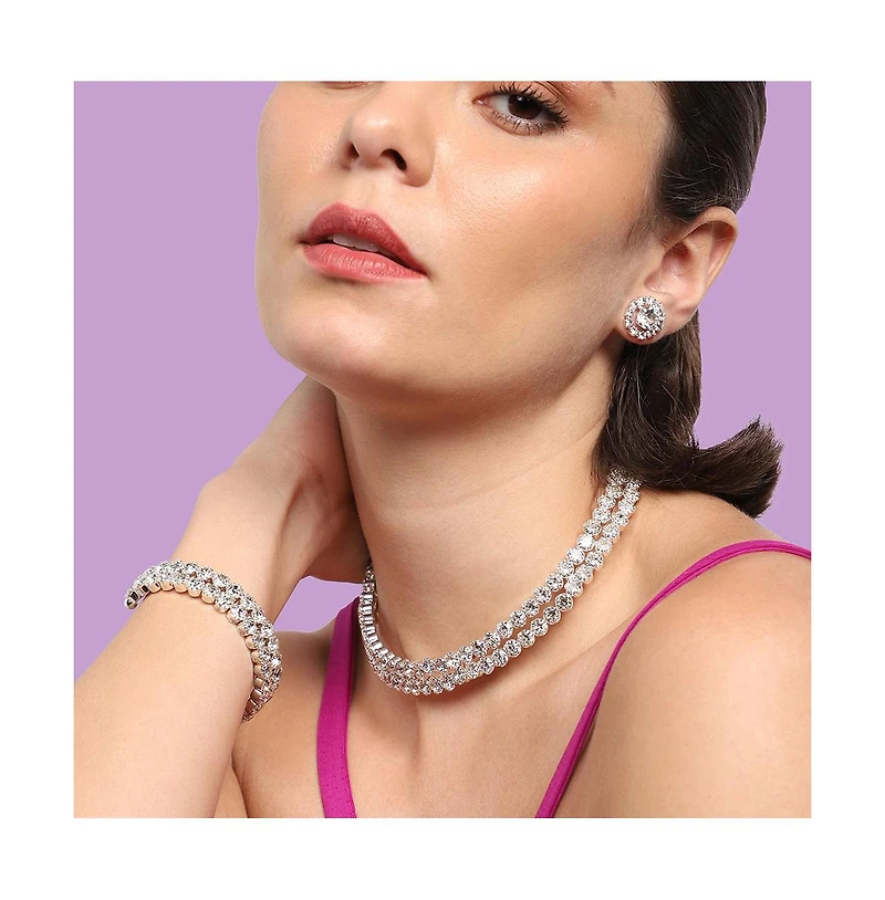 Sohi Women's Silver Embellished Strand Necklace, Earrings And Bracelet (Set Of 3)