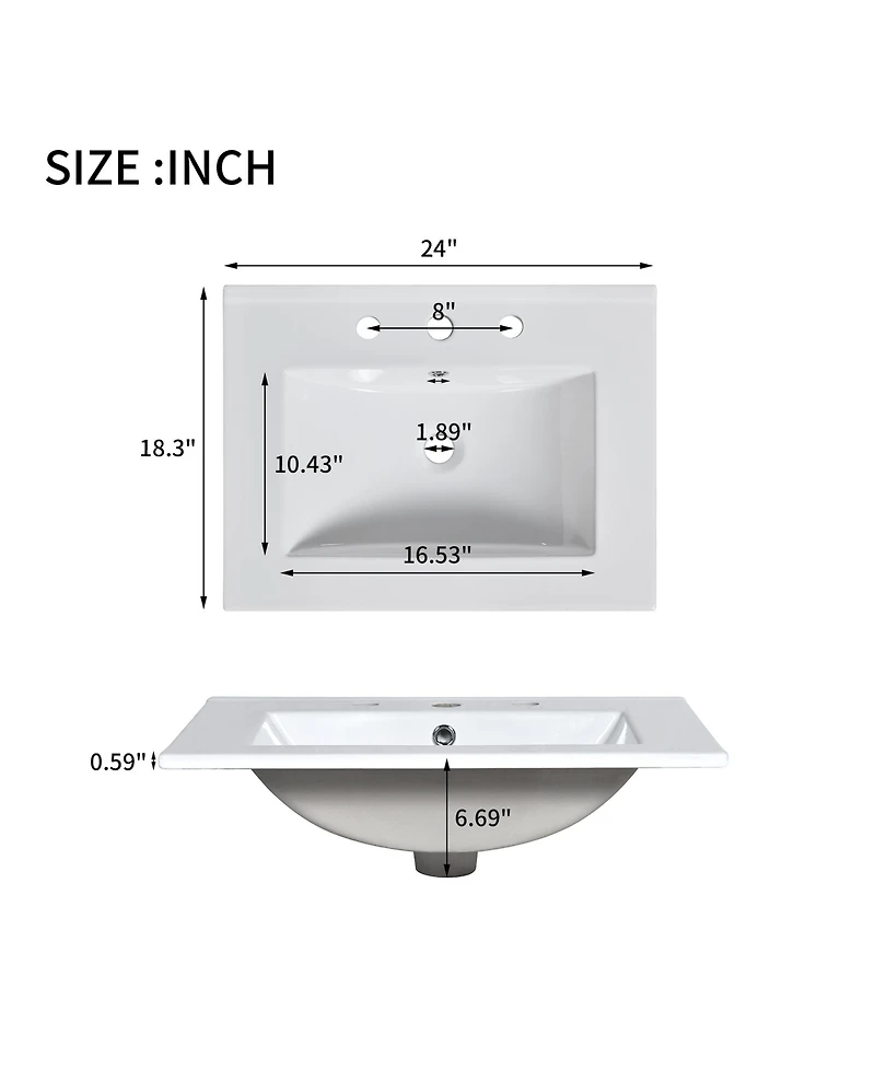 Casainc 24" Vanity with Ceramic Sink, Wooden Cabinet with 2 Drawers