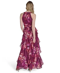 Eliza J Petite Printed Chiffon Ruffled-Skirt Halter Gown