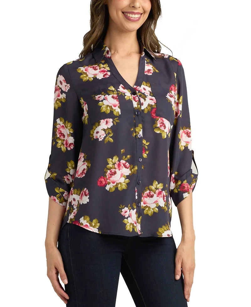 Bcx Juniors' 3/4-Sleeve Printed Button-Front Blouse
