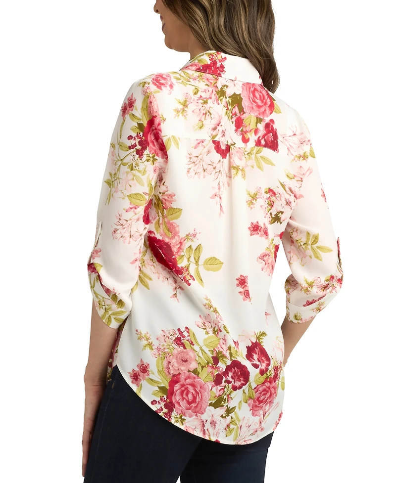 Bcx Juniors' 3/4-Sleeve Printed Button-Front Blouse