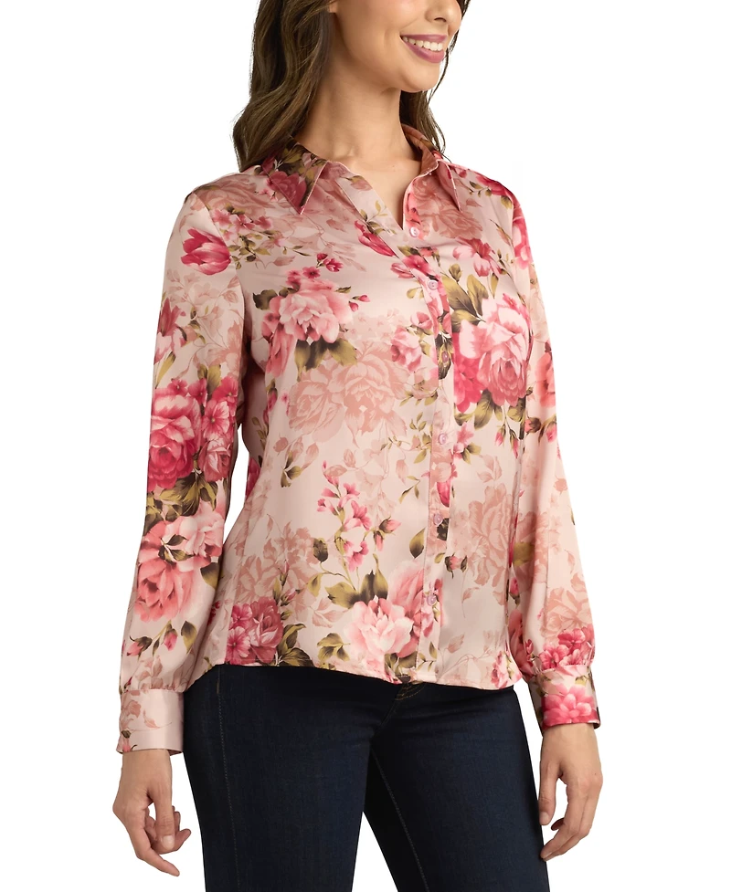 Bcx Juniors' Printed Stretch Satin Button-Front Top