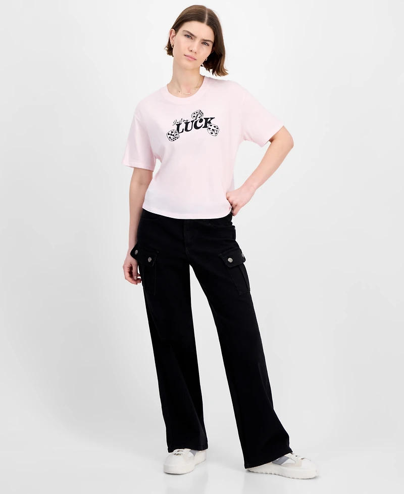Rebellious One Juniors' Cropped Embroidered Luck T-Shirt