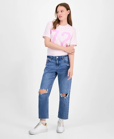 Vanilla Star Juniors' Cropped Straight Destructed Mid-Rise Jeans