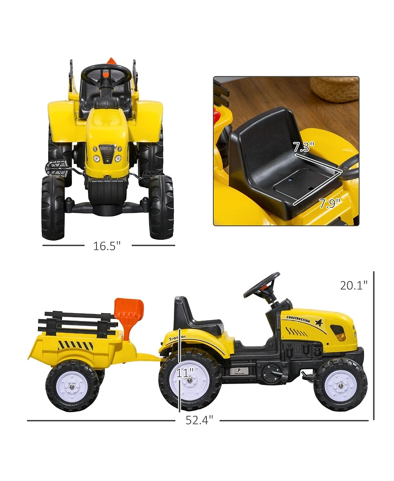 Aosom Ride on Pull Tractor with Back Trailer, Shovel & Rake for 3 Year Old