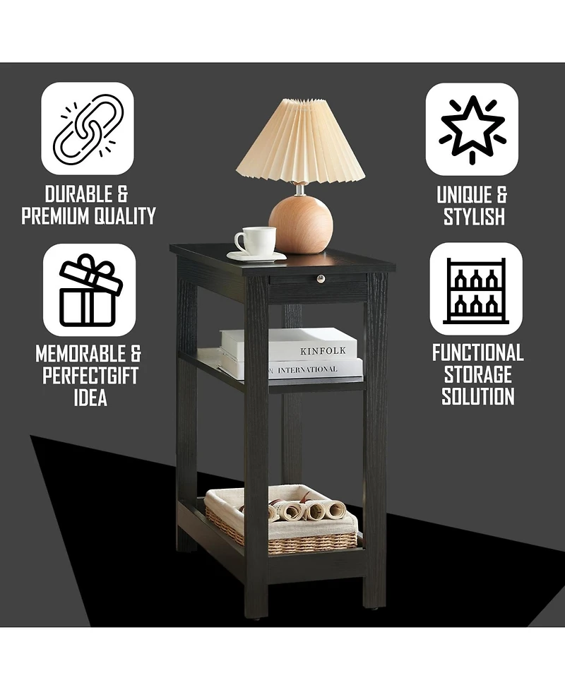 Kings Brand Furniture Slim Wood Side End Table with Storage Shelves & Pull-Out Tray, Nightstand for Bedroom, Living Room