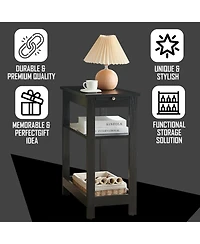 Kings Brand Furniture Slim Wood Side End Table with Storage Shelves & Pull-Out Tray, Nightstand for Bedroom, Living Room