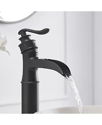 Waterfall Single Hole Single Handle Bathroom Vessel Sink Faucet With Pop Up Drain In Matte Black