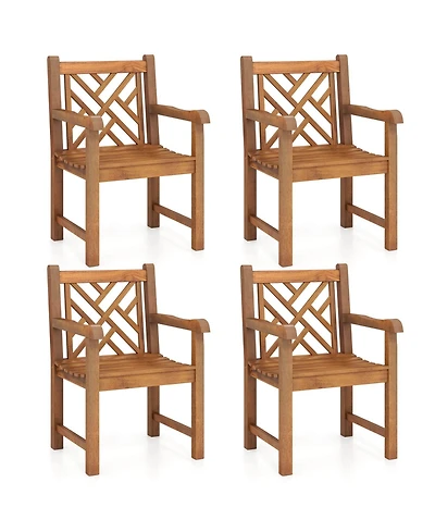 Gymax 4 Pcs Teak Wood Patio Dining Chair Outdoor Armchair w/ Slatted Seat & Solid Legs