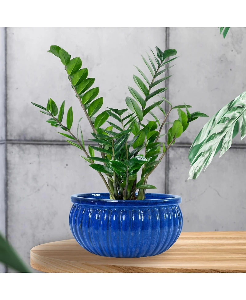 Sunnydaze Decor Ceramic Ribbed Planter Bowl - Imperial Blue - 14.5" Round