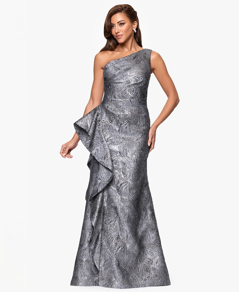 Xscape Petite One-Shoulder Ruffled Jacquard Gown