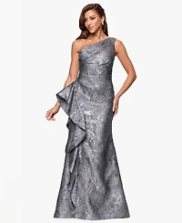 Xscape Petite One-Shoulder Ruffled Jacquard Gown