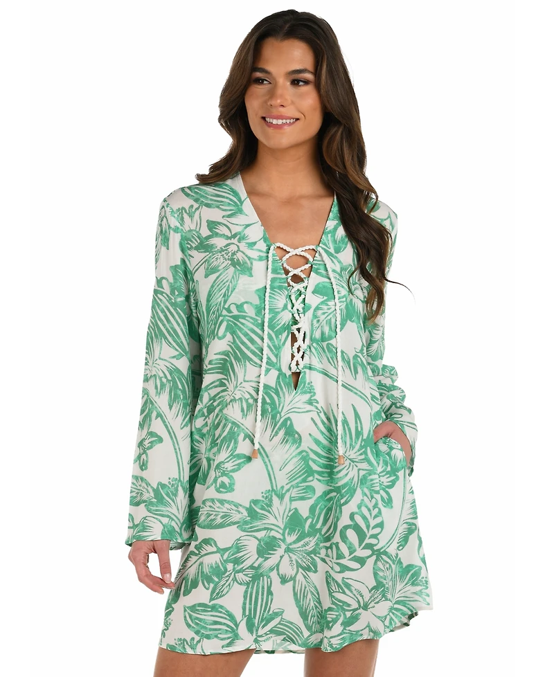 La Blanca Women's Batiki Lace-Front Tunic Cover-Up Dress