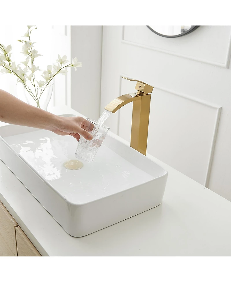 Greenspring Waterfall Single Hole Handle Bathroom Vessel Sink Faucet With Pop Up Drain Without Overflow Matte Black & Gold