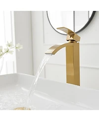 Greenspring Waterfall Single Hole Handle Bathroom Vessel Sink Faucet With Pop Up Drain Without Overflow Matte Black & Gold