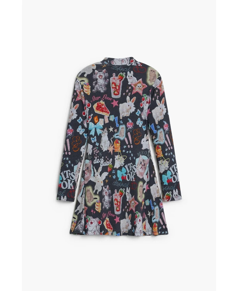 Desigual Girls's Long sleeve cat skater dress