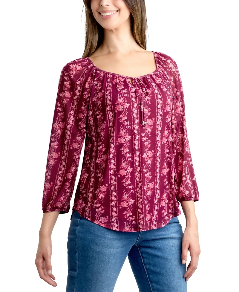 Bcx Juniors' 3/4-Sleeve Printed Mesh Peasant Top