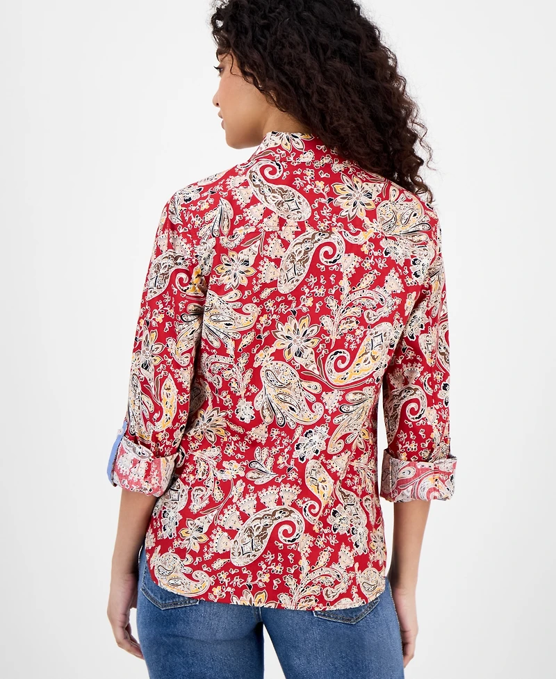 Nautica Jeans Women's Cotton Paisley-Print Roll-Tab Shirt