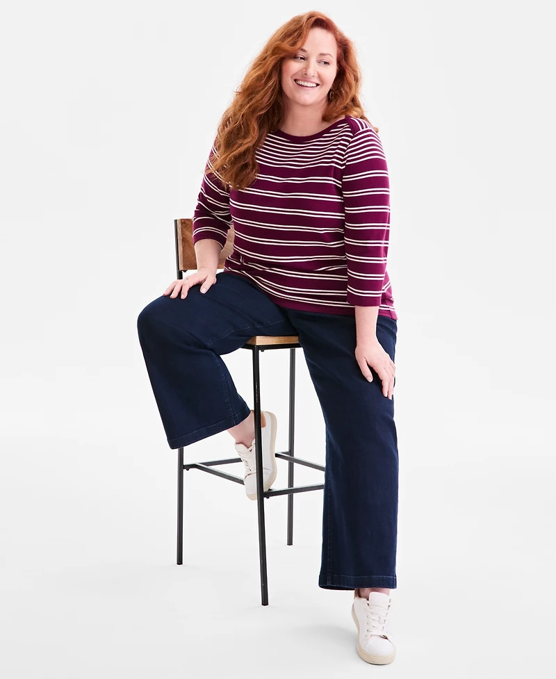 Style & Co Plus Printed Pima Cotton 3/4-Sleeve Top, Exclusively at Macy's