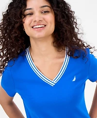 Nautica Jeans Women's Solid Stripe-Trim V-Neck