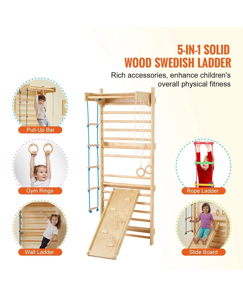 Slickblue Kids Indoor Playground 5 in 1 Wooden Wall Gym with Swedish Ladder and Slide