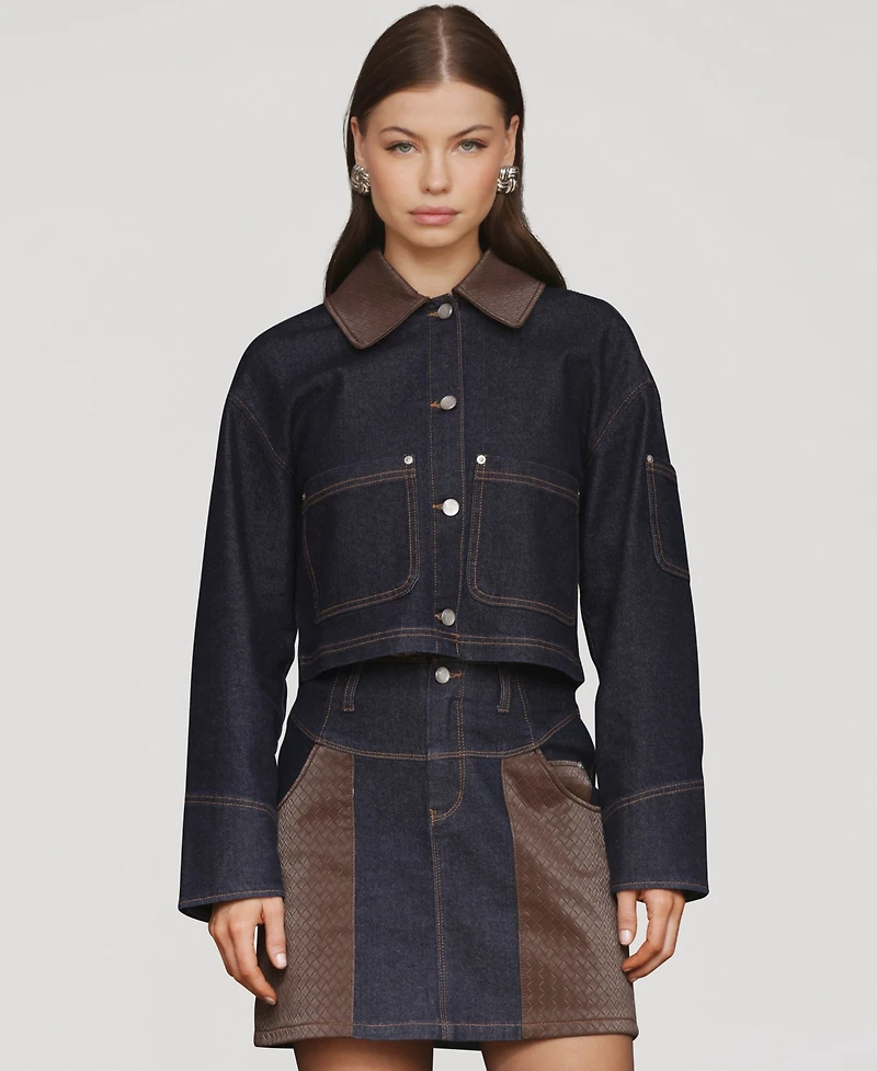 Avec Les Filles Women's Faux-Collar Crop Trucker Jacket