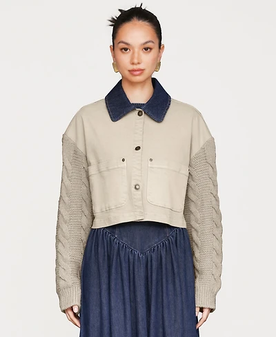 Avec Les Filles Women's Sweater-Sleeve Rinse Wash Denim Chore Jacket
