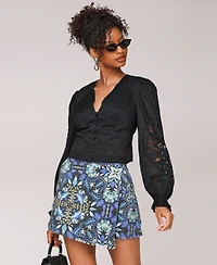 Avec Les Filles Women's Cotton Pintuck Lace-Trim Button-Front Blouse