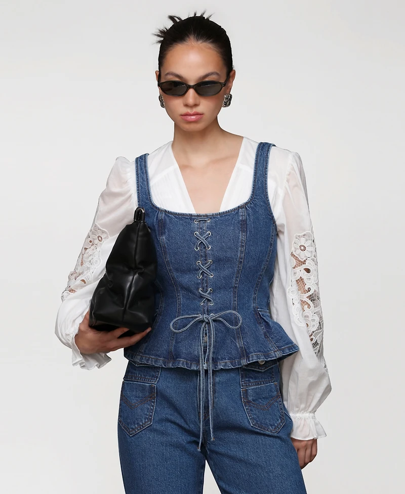 Avec Les Filles Women's Denim Lace-Up Peplum Top